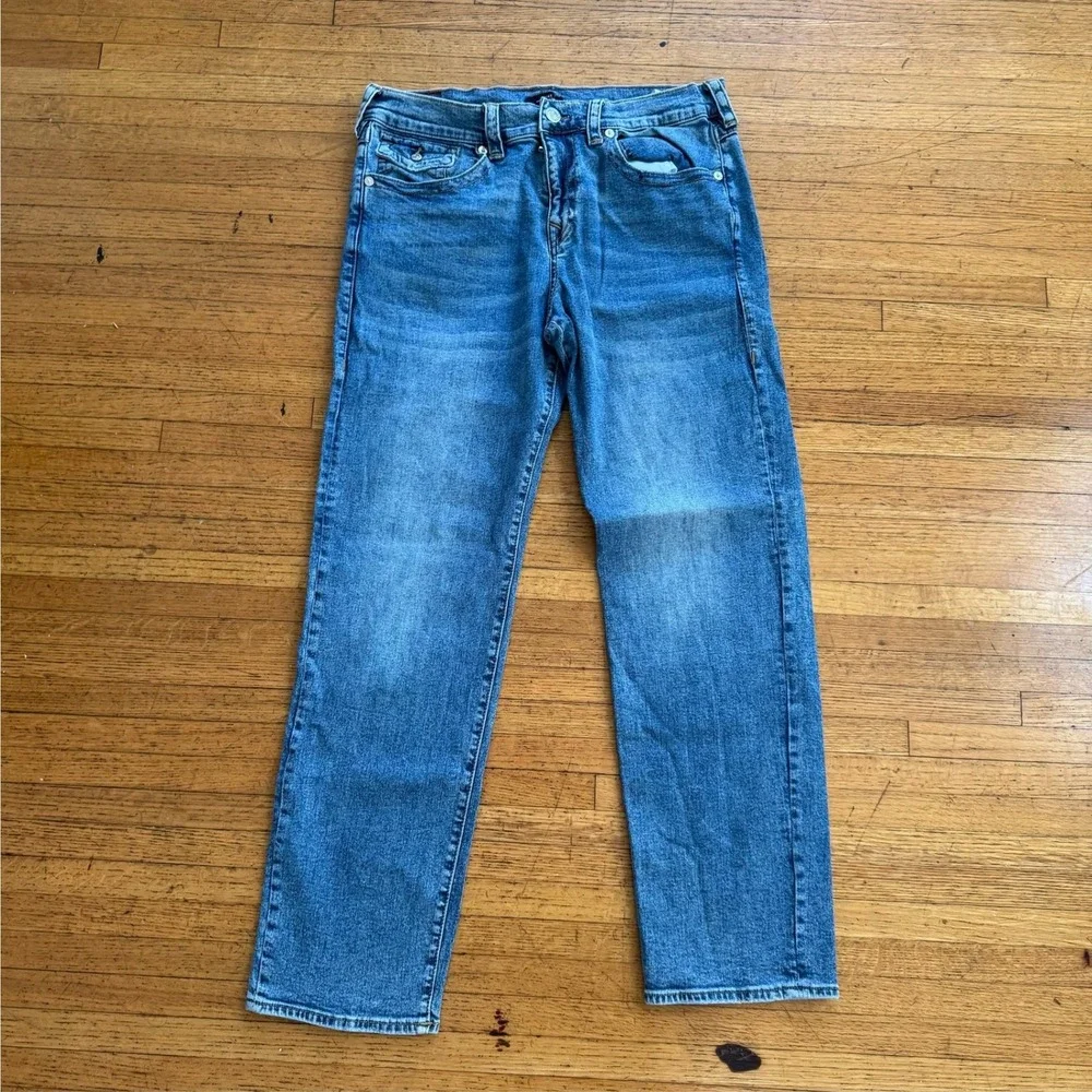 True Religion Ricki Relaxed Straight Mens 34 Blue Horseshoe Flap Pocket Jeans